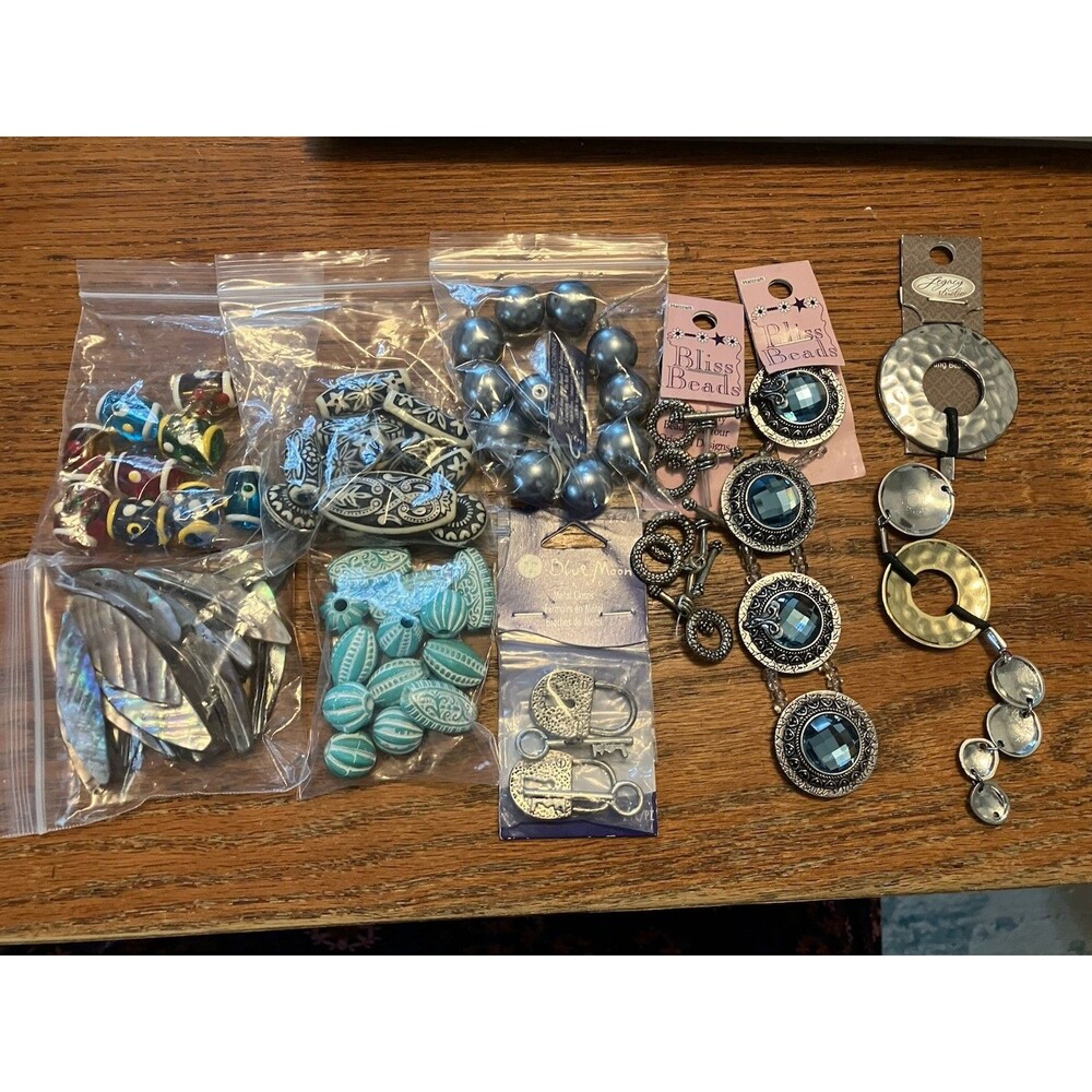 Beading Jewelry Making Lot blue black silver beads clasps slider